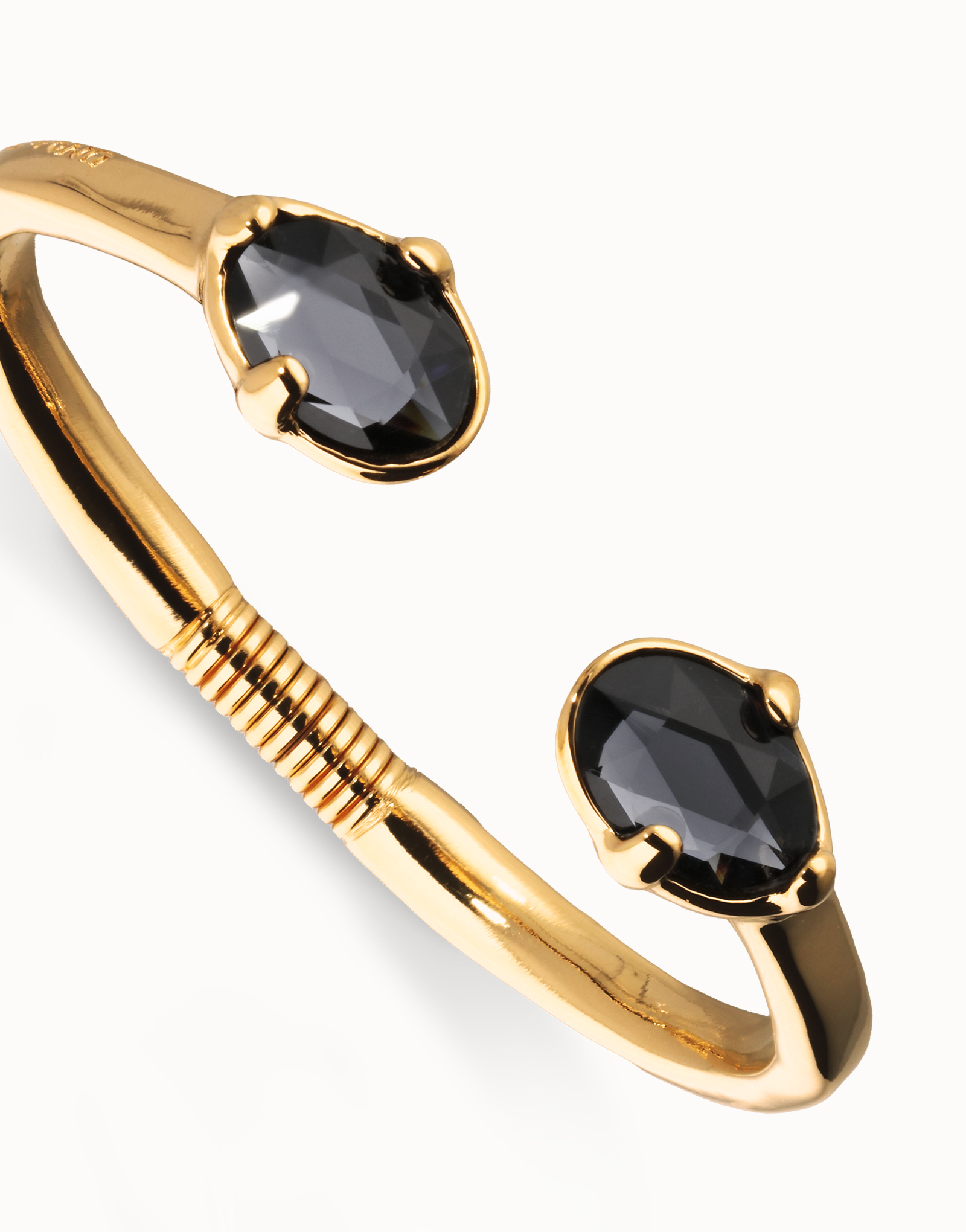 Bangle bracelet with two oval faceted black crystals, Golden, large thumbnail